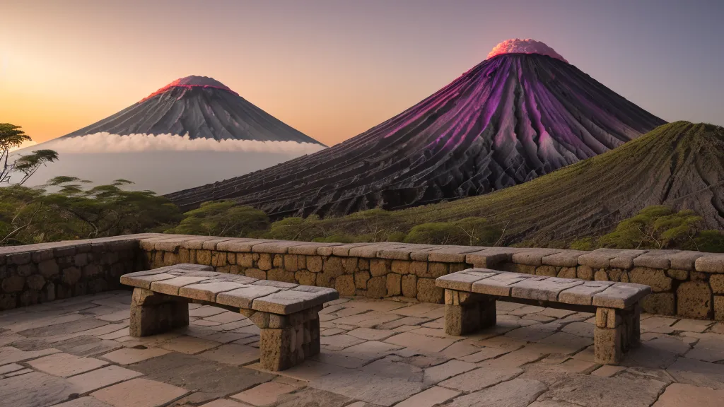 Banco vacío en el Mirador de Yanahuara frente al volcán Misti al atardecer